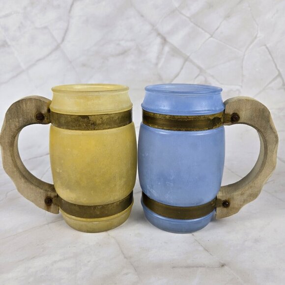 Vintage Siesta Ware Barrel Frosted Mugs Glasses Set of 4 Blue Orange Yellow - Picture 7 of 13